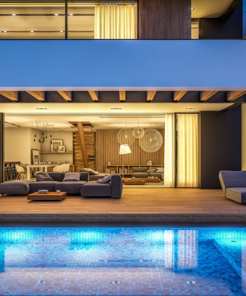 3d rendering of modern cozy house with pool and parking for sale or rent in luxurious style and beautiful landscaping on background. Clear summer night with many stars on the sky.