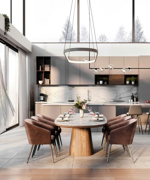 Modern villa dining room with dining table and chairs, vase with flowers, pendant lamp over table. Kitchen in the background with kitchen marble island, bar stools, kitchen cabinets. Large panoramic windows with curtains, concrete floor, parquet. Render